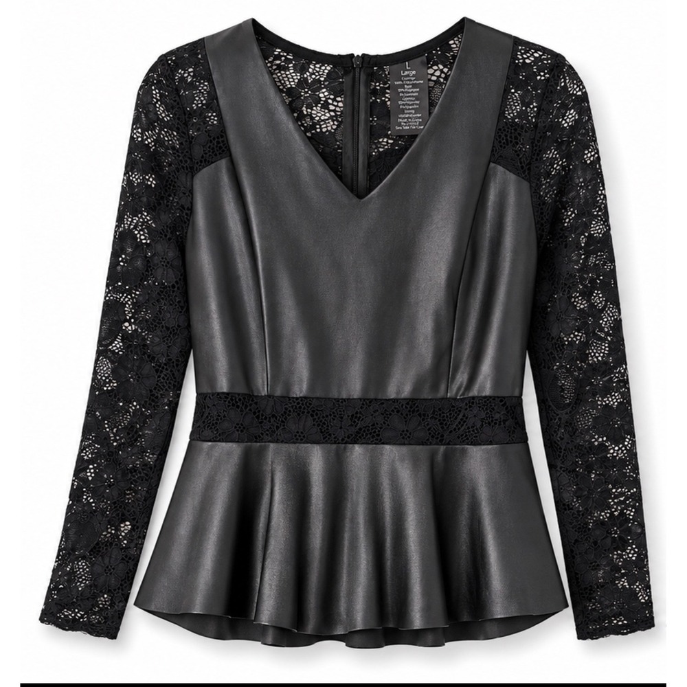 Black Faux Leather Peplum Top Lace Sleeve Gothic Whimsigoth Blouse Large